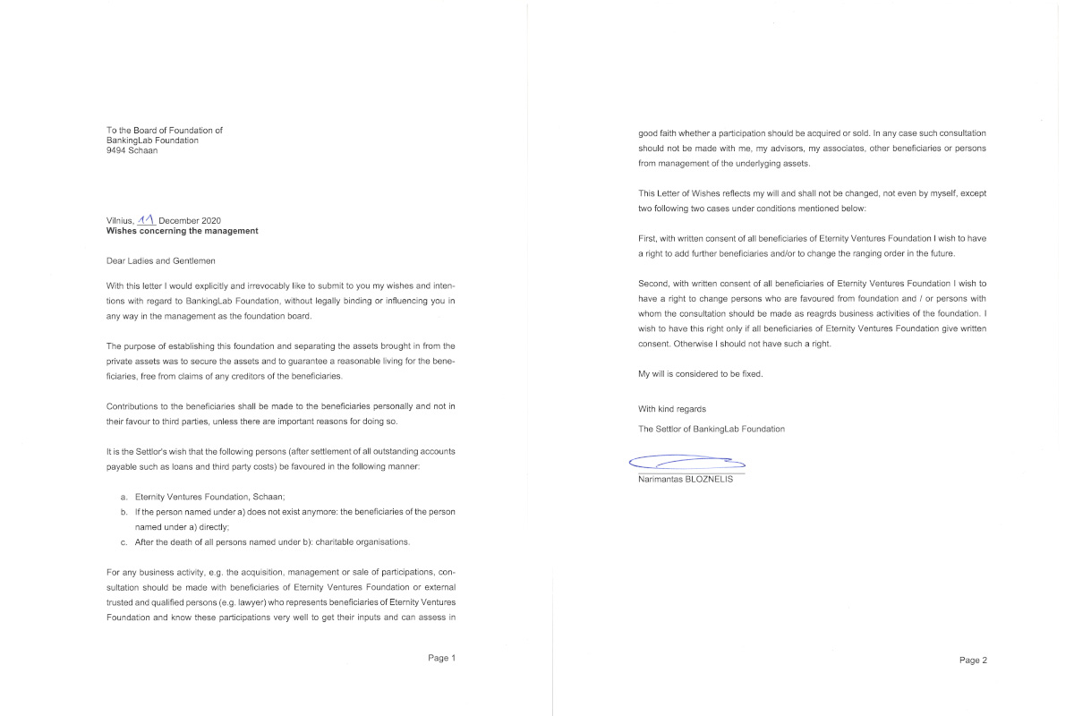 Narimanto Bloznelio valios pareiškimas (angl. <em>letter of wishes</em>) skirtas „BankingLab Foundation“ fondo valdytojams.