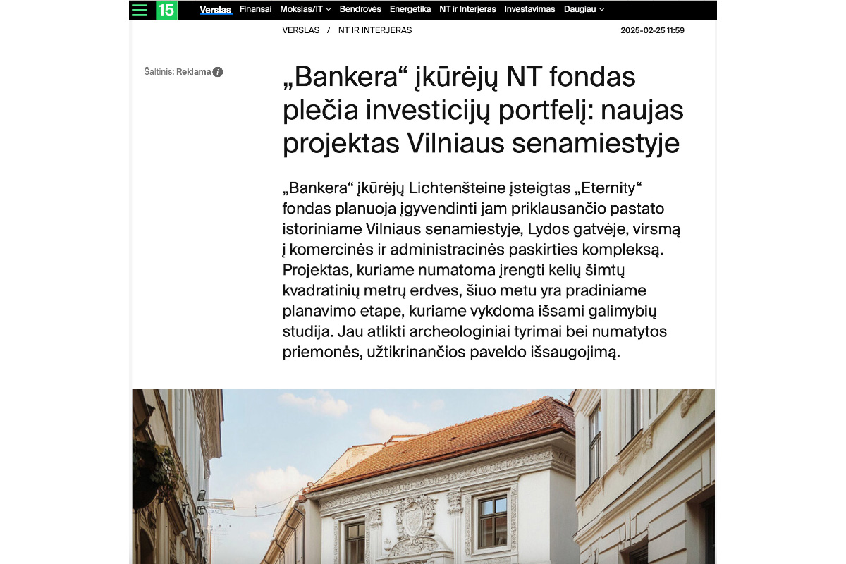 Pranešimas spaudai spausdintas „15min“ portale apie NT projektus Lietuvoje.